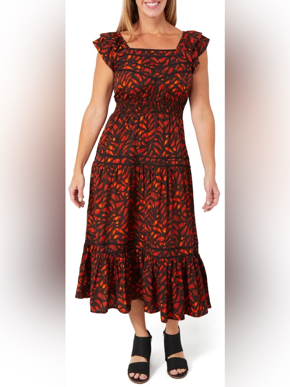Democracy abstract print smocked waist ruffle sleeve midi dress 3X